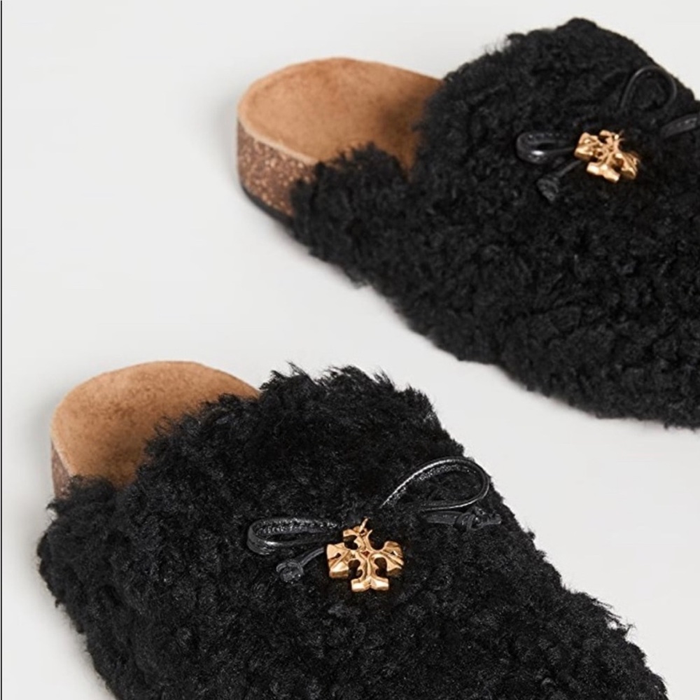 Tory Burch CHARM MAMMOUTH MULE Shearling/Napa leather - BLACK NWT SIZE 7.5